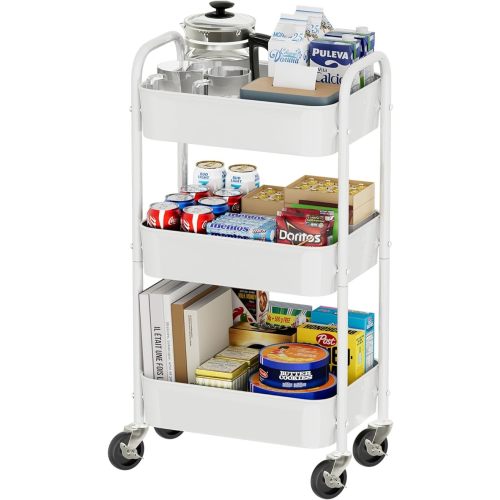 Simple Trending 3 Tier Metal Cart on Wheels, White