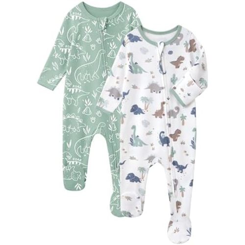 Baby Sleepers 100% Cotton Footie Pajamas, Newborn 0-3 3-6 6-9 Months with 2-Way Zipper, 2pcs PJs Baby Boy Clothes