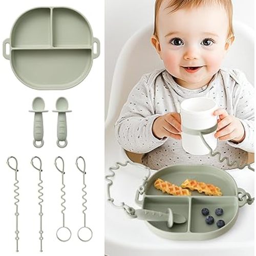 Baby Plates with Suction Silicone Baby Spoons Divided Baby Plates Silicone Baby Safety Toy Straps Baby Bottle Bungees Baby Feeding Set All-in-one-Sage