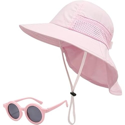Baby Sun Hat Toddler Kids Boys Girls Wide Brim Beach Hats with Sunglasses UPF 50+ Plain Caps with Neck Flap