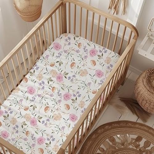 Organic All in One Crib Sheet and Mattress Protector - Waterproof Protectors - Reusable Washable – Fits Cribs – 52”x28”- with 9” Skirt Flower