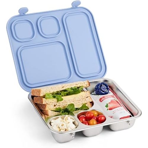 Elk and Friends Kids Stainless Steel Bento Box with Silicone Lid | Leak-proof | Toddlers Lunch Container | 4 Compartments | Dishwasher Safe
