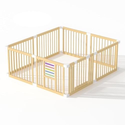 Baby Playpen with Gate, Wooden Playpen for Babies and Toddlers, Baby Play Yard with Colorful Acrylic Beads, Baby Fence Play Area with Suction Cups, Extra Large Play Pen Area Indoor(71 * 63 * 24Inch)