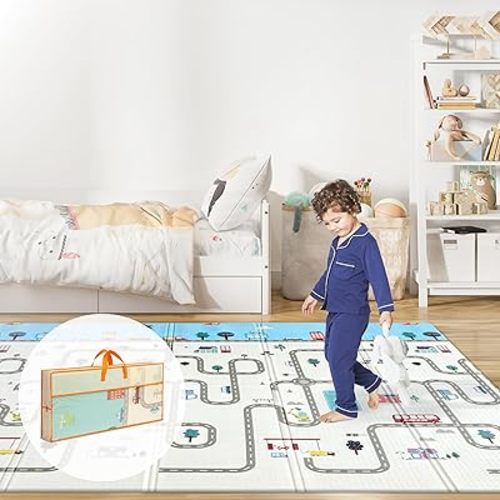 Foldable Baby Play Mat, Extra Large, Non-Toxic, Waterproof Activity Playmats for Babies, Education for Infant, Non-Slip Double Sided (79”x71” 0.4in Milky) Boys and Girls