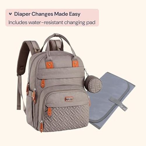 BabbleRoo Unisex Baby Essentials Backpack - Khaki, Waterproof Diaper Bag with Changing Pad, Stroller Straps & Pacifier Case