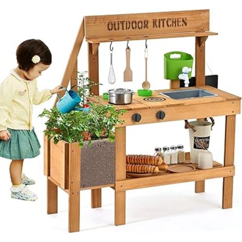 Mud Kitchen for Kids Outdoor, Wood Play Kitchen with Planter Box, Toddler Sink, Faucet, Blackboard, Water Cup and Accessories