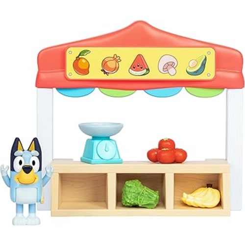 Bluey Mini Playsets Farmers Market Playset | Includes Articulated Figure with Shopping Bag and Accessories | with Dollarbucks