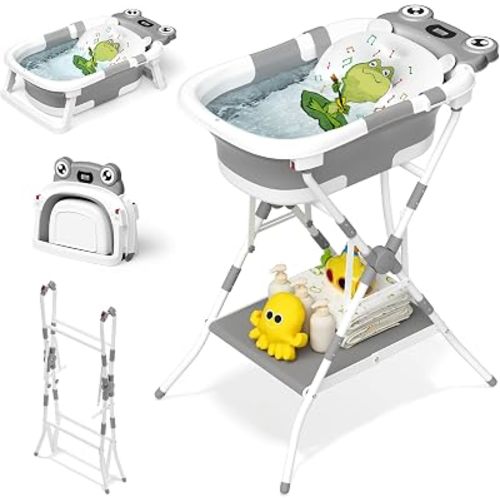 Foldable Baby Bathtub with Stand, 2-in-1 Portable Infant Bath Tub for Newborns and Toddlers, Ergonomic Height for Back Protection& Compact Storage Design