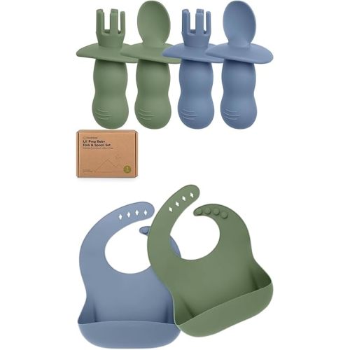 Keababies 4-Pack Silicone Baby Spoons and Forks Set and 2-Pack Baby Silicone Bibs - Baby Spoon Self Feeding, BLW Baby Utensils - Waterproof, Easy Wipe Silicone Bib for Babies, Toddlers