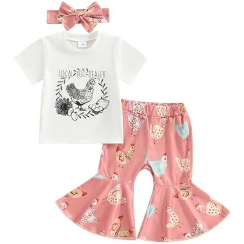 Gueuusu Toddler Baby Girl Farm Outfit Local Egg Dealer Chicken T Shirt Chick Bell Bottom Pants Headband Set Farm Baby Clothes