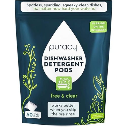 Puracy Dishwasher Pods, Natural Dishwasher Detergent, Free & Clear Dish tabs - Enzyme-Powered, Spot & Residue Free - TikTok Trend Items, Must Haves from TikTok Made Me Buy It (Free & Clear, 50 Count)