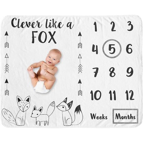 Sweet Jojo Designs Fox Boy or Girl Milestone Blanket Monthly Newborn First Year Growth Mat Baby Shower Memory Keepsake Gift Picture - Black and White Gender Neutral Unisex Woodland Forest Animal Arrow