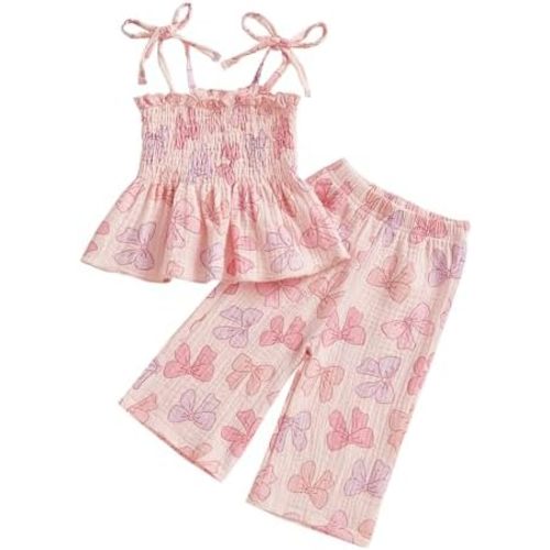 VISGOGO Toddler Baby Girl Outfits Sleeveless Smocked Strap Camisole Linen Pants Bow Baby Summer Clothes