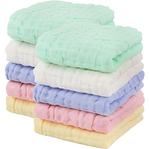AIDEA Baby Washcloths and Burp Cloths, Absorbent Cotton Muslin Baby Towels, Large Soft Breathable Newborn Essentials for Boys and Girls, Newborn Essentials, 10 Pack, 10"x10"