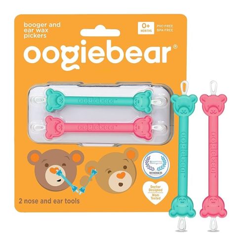 oogiebear: Baby Nose Cleaner & Ear Wax Removal Tool - Safe Booger & Earwax Removal for Newborns, Infants, Toddlers - Dual-Ended - Essential Baby Stuff, Diaper Bag, Raspberry & Seafoam with case - 2 Pack - Raspberry & Seafoam w/ Case