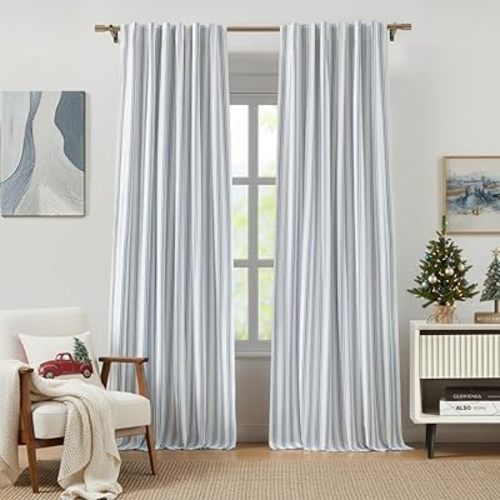 ZJDECOR 90 Inch Striped Full Blackout Curtain Panels for Bedroom,Blue Stripes on White Cotton Blended Light Filtering Fabric with White Liner,Back Tab Rod Pocket Window Treatment,55"Wx90"L(Pack of 2)