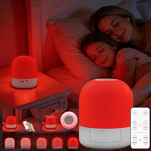 BoRccdit 670nm Red Light for Sleep, 100% Blue Light Blocked & 10%-100% Dimmable & 4 Timers & Remote + Touch, Rechargeable Long Lasting Red Night Light Sleep Lamp for Bedroom, Nursery, Reading
