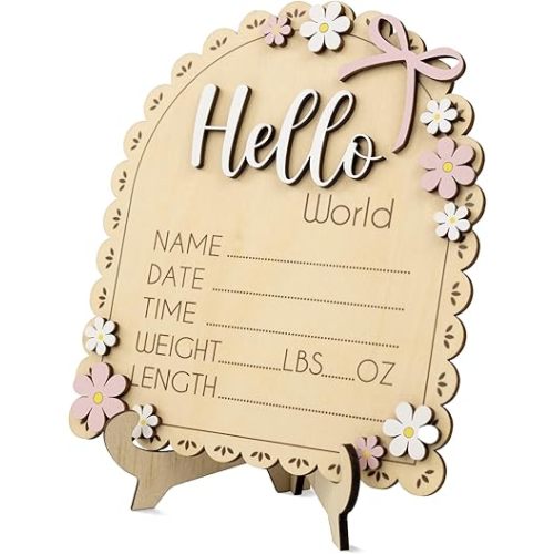 Baby Announcement Sign with Stand & Marker – Hello World Wooden Name Plaque for Newborn Photoshoot, Baby Shower, Rustic Keepsake Birth Stat Sign for Hospital Birth Announcement (Daisy)
