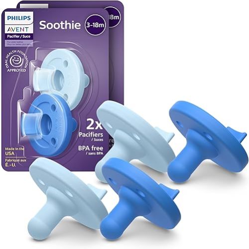 Philips Avent Soothie Orthodontic Baby Pacifiers, 100% Silicone Pacifiers, One Piece, BPA-Free, for Babies 3-18 Months, 2 Sky Blue and 2 Light Blue, 4 Pack, Model SCF192/71