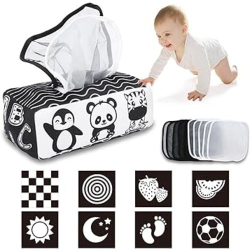 Baby Tissue Box Toy High Contrast baby Toys for Newborn Black and White Montessori Toy for Babies 3 Months Sensory Tissue Box Baby Toy