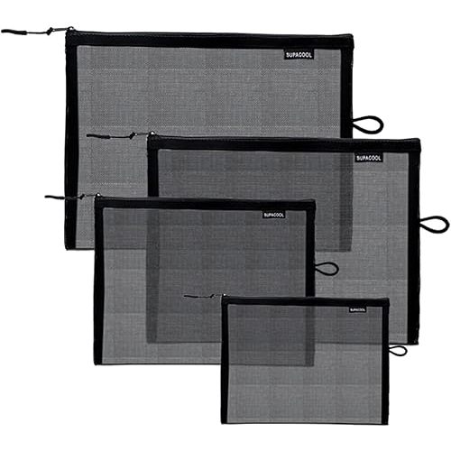 SUPACOOL Set of 4 Black Travel Mesh Cosmetic Makeup Organizer Bags with Zipper diaper bag organizing pouches Nylon toiletries Bag For Women and Men 4pcs (S/M/L/XL) (Black(4pcs))