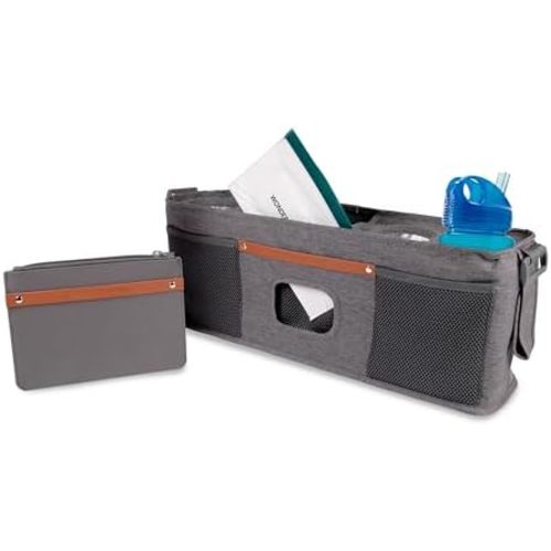 WONDERFOLD Parent Console Stroller Organizer with Insulated Cup Holders, Hook and Loop Closure Handle Attachment, 2 Storage Pockets, and Removable Shoulder Strap for Easy Transport