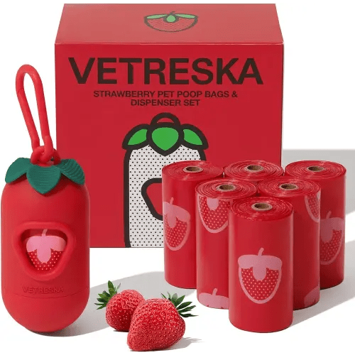 VETRESKA Dog Poop Bag Dispenser with Strawberry Scented Bags, Leak Proof, Extra Thick and Large Pet Waste Bags,1 Count Bag Holder and 105 Bags (7 Refill Rolls) for Walking Dog and Cats Litter, Red