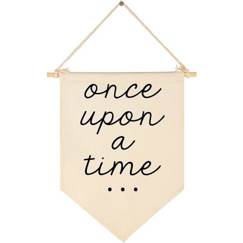 Once Upon a Time-Decor Gift for Nursery Bedroom Playroom Front Door Bookshel Bookcase Reading Corner-Birthday Christmas Gift-Canvas Hanging Flag Banner Wall Sign Decor Gift for Baby Kids Girl Boy Teen