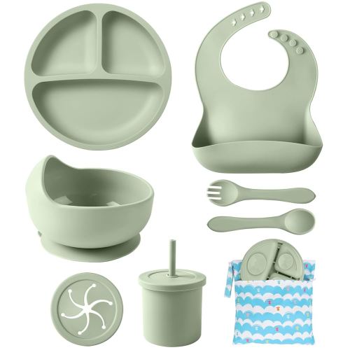 Silicone Baby Feeding Set, 10 Pcs Baby Led Weaning Supplies with Suction Bowl Divided Plate Adjustable Bib Soft Spoon Fork Snack Cup with Lid Drinking Cup, Utensil (Dark Green)