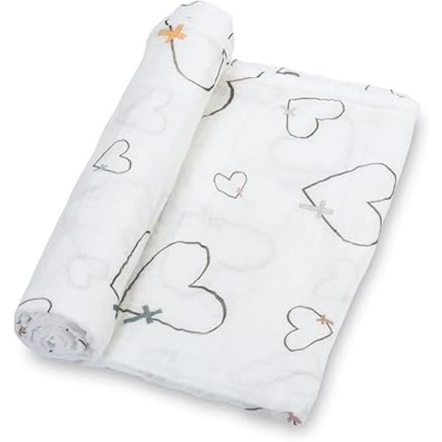 LollyBanks Baby Swaddle Blanket, 100% Cotton Muslin Blankets for Boys and Girls, Large 47 x 47 Inches Soft and Breathable Swaddles for Newborns, Cozy Baby Receiving Blankets, Registry (Heart Print)