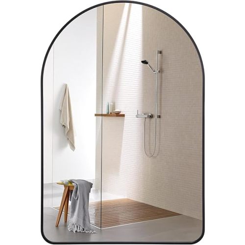 24"x36" Arched Wall Mirror, Black Vanity Mirror with Frosted Metal Frame, Anti-Rust Tempered Glass, Hangs Mirror for Bathroom, Bedroom, Entryway, Living Room