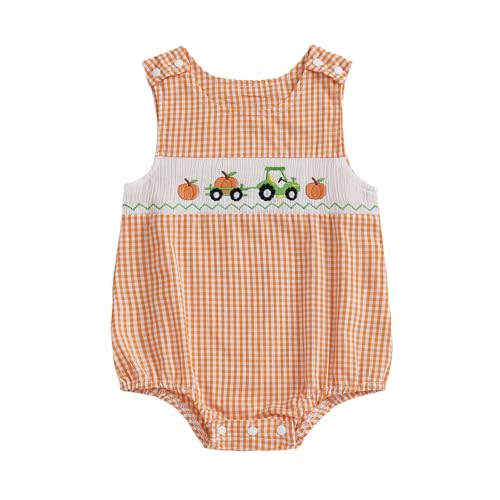 Newborn Baby Boy Halloween Clothes Pumpkin Tractor/Truck Smocked Bubble Romper Sleeveless Plaid Overall Bodysuit