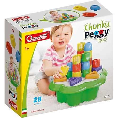 Quercetti: Chunky Peggy - 28pc Peg Blocks Stacking Toy, Shapes Sorting Set, 2 Rattles, Building, Daisy Basket w/Built-in Storage, Baby & Toddler 1+