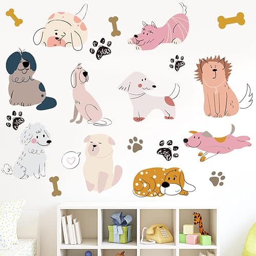 SUPERDANT Cartoon Dogs Wall Stickers Puppy and Bones Wall Decal Kids Room Peel and Stick Art Sticker DIY Animals Colorful Vinyl Mural for Nursery Kids Bedroom Playroom Classroom 90x30CM