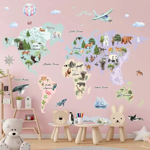 Watercolor Kids Map Wall Decal Animals World Map Decals Peel and Stick Removable Wall Stickers for Preschool Classroom Kids Bedroom Nursery Playroom Elementary Education Wall Decor