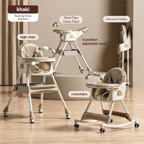 5-in-1 Convertible High ChairBaby swing & Baby Feeding Chairs & Baby scooter with Portable Dining Chairs and Toy Rack for 0-36 Months,Khaki
