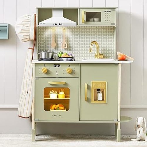 Tiny Land Play Kitchen for Kids, Wooden Farmhouse Kitchen Playset Chef Pretend Play Set for Toddlers w/Real Lights & Sounds, Toys Kitchen with 18 Pcs Toy Food & Cookware Accessories, Sage Green