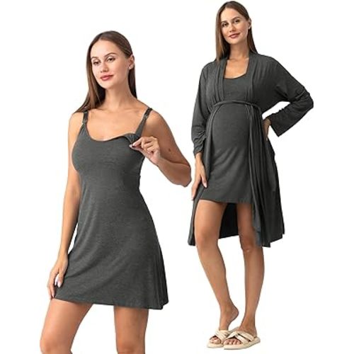 SUNNYBUY Women's Nursing Nightgown Maternity Robe Set, 3 in 1 Labor Delivery Breastfeeding Dress Postpartum Sleepwear
