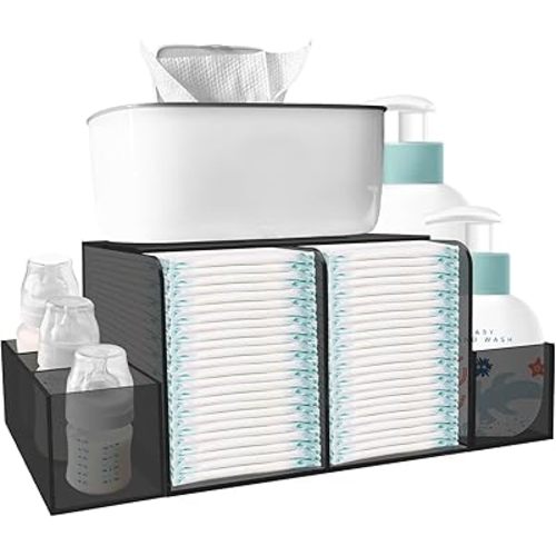 Acrylic Diaper Caddy Organizer for Changing Table, Detachable Clear Diaper Storage for Baby Wipe Dispenser, Wipe Warmer and other Diapering Essentials, Black
