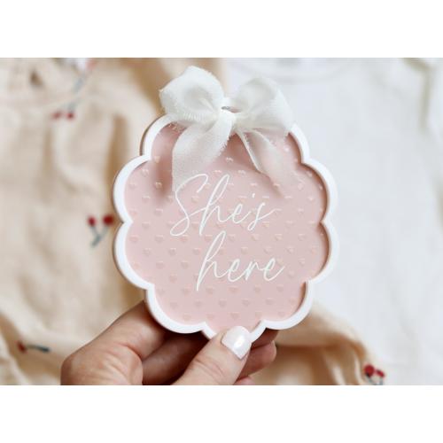 Bow she's here, heart baby newborn,name announcement acrylic sign, Birth announcement photo prop, Acrylic baby plaque Personalized baby name