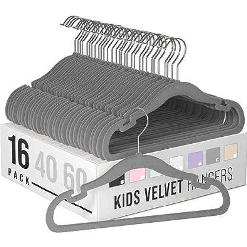 Clothes Baby Hangers for Closets - Unique Notches for Non Slip. Heavy-Duty Velvet Kids & Toddler Hangers for Closet | Ultra Thin Design for Space Saving. Ganchos De Ropa para Bebe (16 Pack Grey)