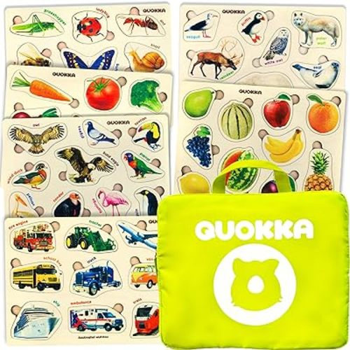 QUOKKA Toddler Puzzles Ages 2-4 in a Bag – 6 Montessori Wooden Puzzles for Toddlers 3-5 Year Old – Preschool Wood Game for Boys and Girls 4-6 – Gift for Learning Realistic Animals Fruits Vehicles