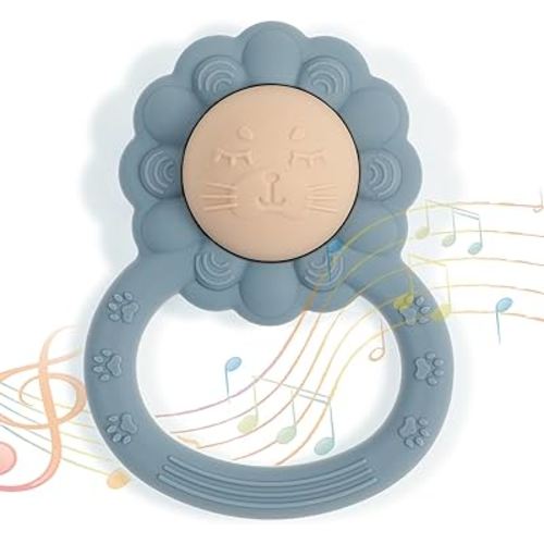 Rattle Teether, Lion Shape Montessori Baby Sensory Teething Toys, Food Grade Silicone BPA Free, Newborn Essentials Must Haves (Shifting Sand Ether)
