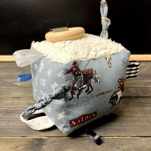 Western theme sensory block toy, horse farm, fabric activity cube, unisex baby shower gift, teething ring, stroller toy, cowboy ranch rodeo