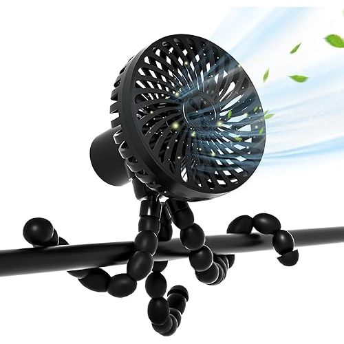 RUN HELIX Portable Stroller Fan with Flexible Tripod Clip-on for Baby,3-Speed Handheld Fan with USB Rechargeable Fan Battery Operated, Clip On Fan for Car Seat Crib Bike Treadmill,Black