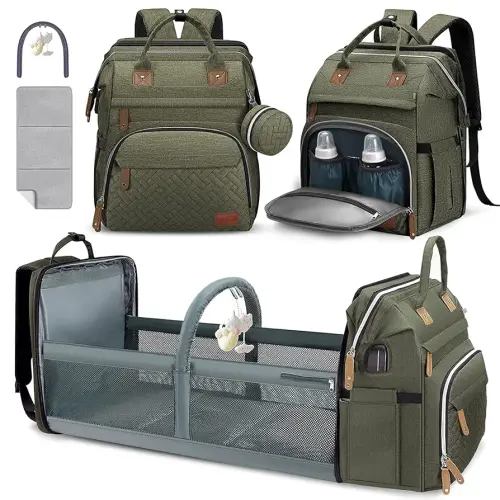 DERJUNSTAR Diaper Bag Backpack – Large Capacity Baby Diaper Bag with Changing Pad, Waterproof Travel Backpack for Boys & Girls, Multi-Function Baby Bag with USB Charging Port, Army Green