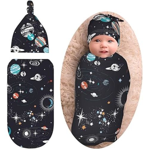 Space Baby Stuff Galaxy Swaddle with Beanie Set, Soft and Stretchy Baby Constellation Baby Swaddles Warp Blanket Swaddle Sack for Boy and Girl Gift