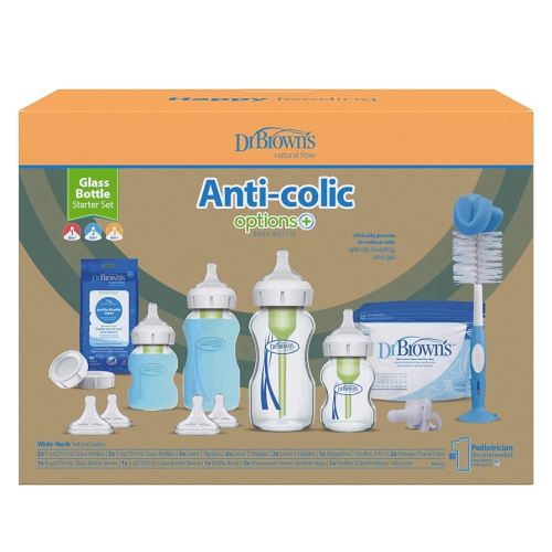 Dr. Brown’s Natural Flow Anti-Colic Options+ Wide-Neck Glass Baby Bottle Starter Set with 100% Silicone Glass Bottle Sleeves, Baby Bottle Brush, Prevent Pacifier and Pacifier and Bottle Wipes