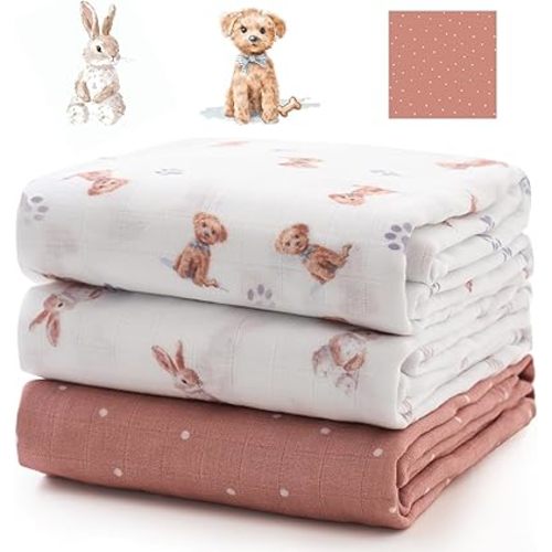 Momcozy Muslin Best Wishes Swaddle Blankets, Ultra Soft Neutral Registry Essentials, Starlit Paws & Bunny Hops, Breathable Large 47'' x 47'' Newborn Boys Girls Receiving Blanket