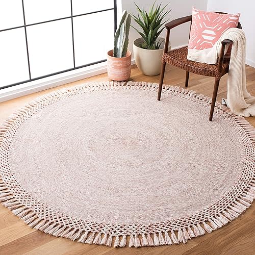 SAFAVIEH Sahara Collection Area Rug - 5' Round, Pink, Handmade Boho Tassel, Ideal for High Traffic Areas in Living Room, Bedroom (SAH490U)